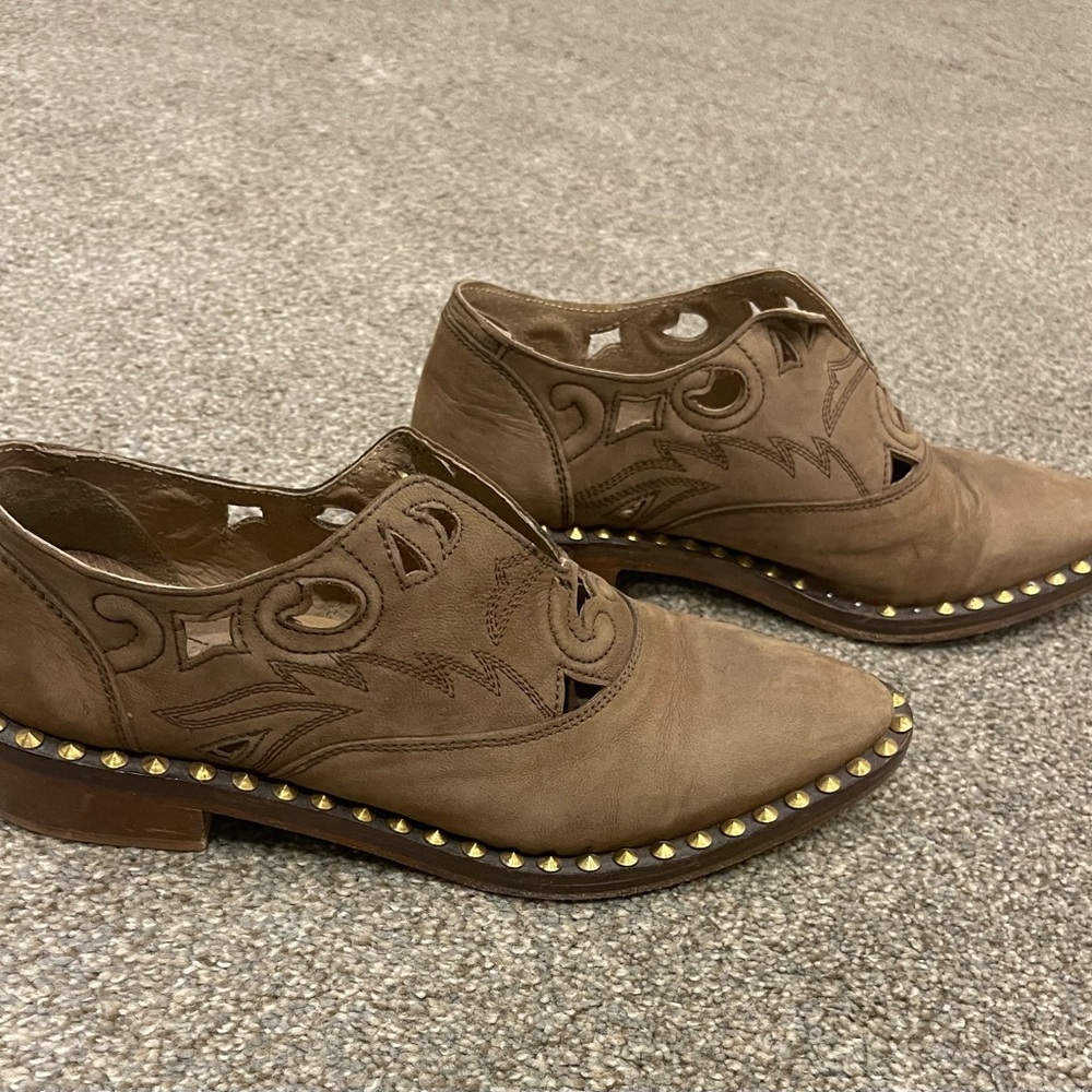 Free People Brown Leather Flats with Broguing/studded